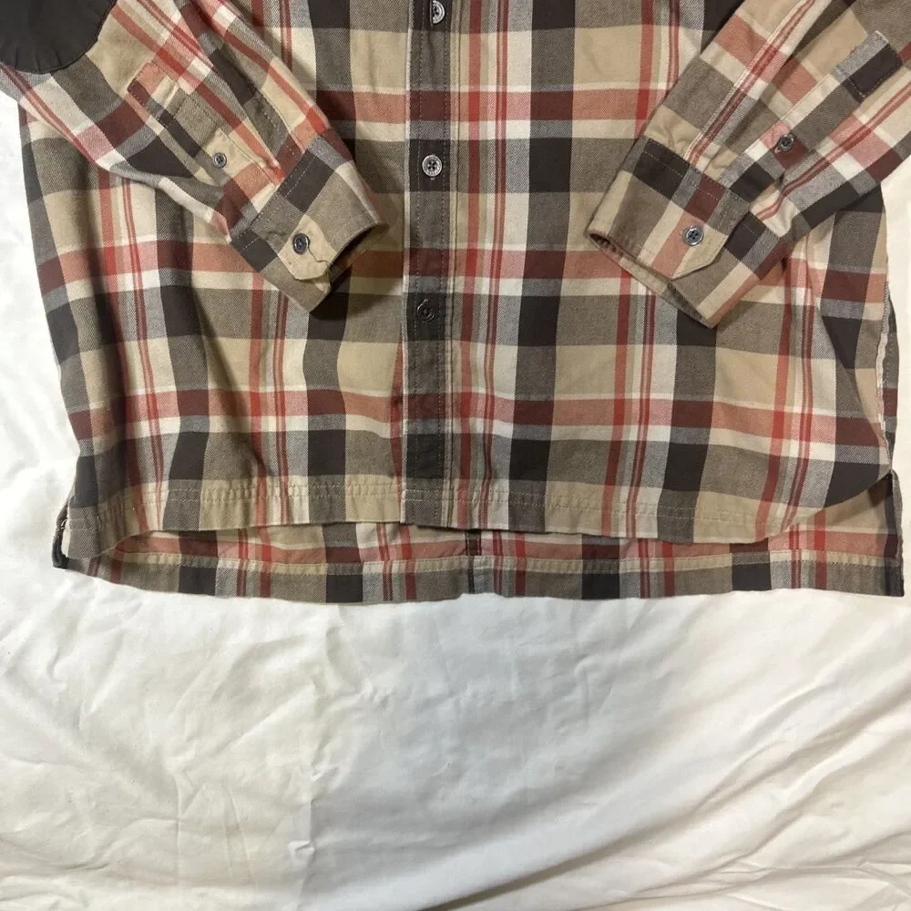 Wrangler ATG Shirt Mens Large Brown Plaid Button Up Flannel Cotton Blend Elbow